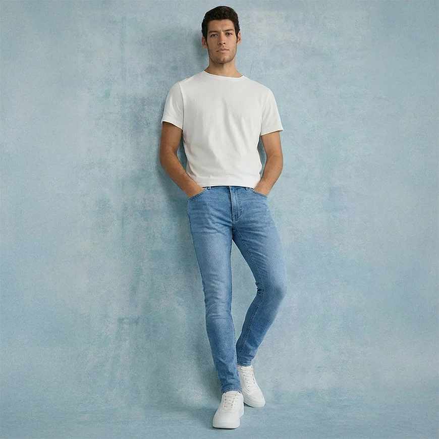Biała koszulka, niebieskie dżinsy o kroju Slim Fit i białe sneakersy.